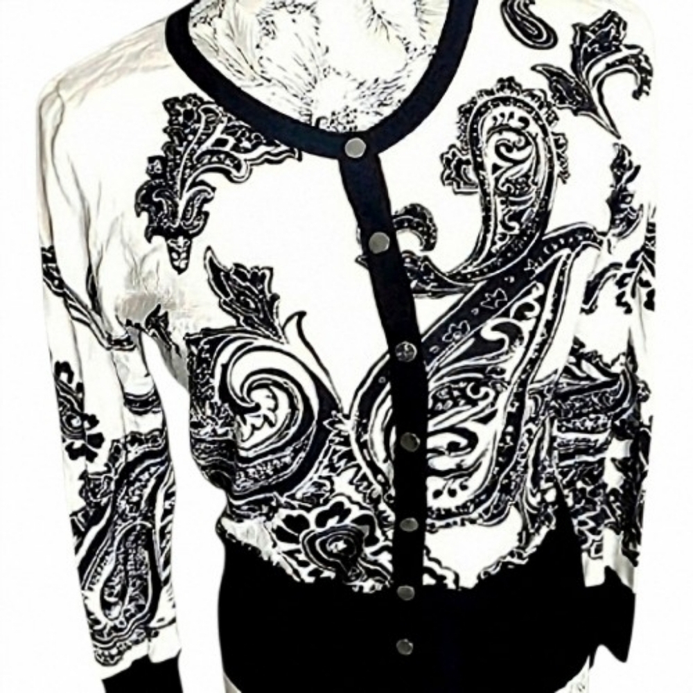WHBM White Black Paisley Print Snap Front Cardigan Sz. M